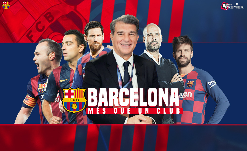 A poster of Barcelona with Joan Laporta, Messi, Pep Guardiola and other players.