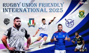 Poster showing Rugby Union 2025 teams – Italy vs Namibia and South Africa vs Barbarians – facing off in intense clashes.