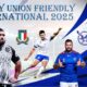 Poster showing Rugby Union 2025 teams – Italy vs Namibia and South Africa vs Barbarians – facing off in intense clashes.