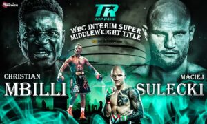 WBC fighters Christian M'billi and Maciej Sulecki facing off before the interim super middleweight title fight.