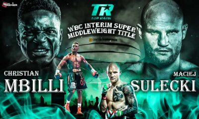 WBC fighters Christian M'billi and Maciej Sulecki facing off before the interim super middleweight title fight.