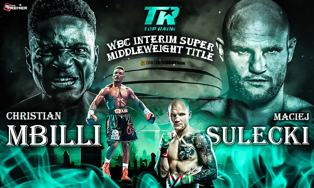 WBC fighters Christian M'billi and Maciej Sulecki facing off before the interim super middleweight title fight.