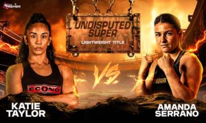 Poster featuring the fighters Amanda Serrano and Katie Taylor in the upcoming Taylor vs Serrano 3 fight.