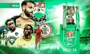 This poster regarding new season of EFL Cup starts on July 29, 2025 between Barnet and Newport County teams for Preliminary Round plays.