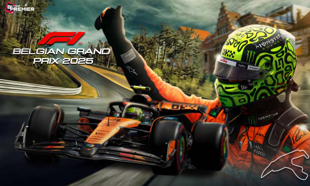 This poster represents the Formula One Moet & Chandon Belgian Grand Prix 2025, which will feature rising star Lando Norris in the motorsport category.