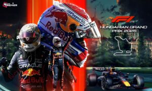 This image represents the racer Max Verstappen at the F1 Grand Prix of Hungary 2025 at Hungaroring Circuit.