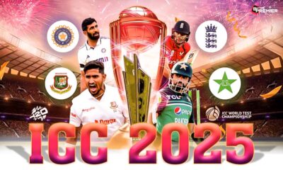 Poster that features team captains of India, England, Pakistan, and Bangladesh on the event of upcoming ICC fixtures.