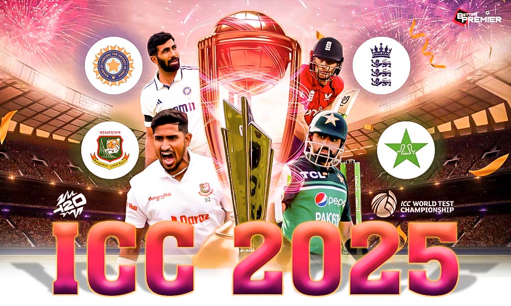 Poster that features team captains of India, England, Pakistan, and Bangladesh on the event of upcoming ICC fixtures.