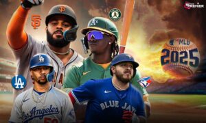 MLB poster featuring players from the Dodgers, Giants, Athletics, and Blue Jays in action-packed visuals