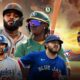 MLB poster featuring players from the Dodgers, Giants, Athletics, and Blue Jays in action-packed visuals