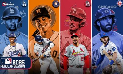 MLB 2025 promotional poster featuring top players from Dodgers, Astros, Cubs, and Cardinals ahead of key rivalry matchups.