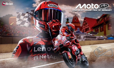 MotoGP 2025 German GP poster showing fast bikes and racers on the Sachsenring track in action.