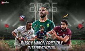 This poster features some friendly matchups from the Rugby Union Friendly International 2025 season, including the last-end match between the USA and England and South Africa and Georgia.