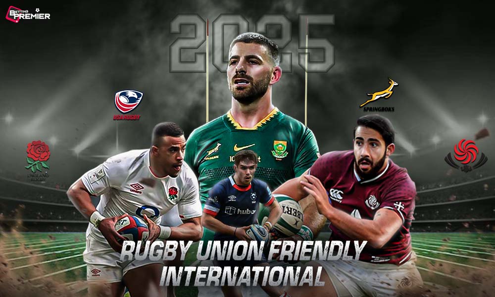 This poster features some friendly matchups from the Rugby Union Friendly International 2025 season, including the last-end match between the USA and England and South Africa and Georgia.