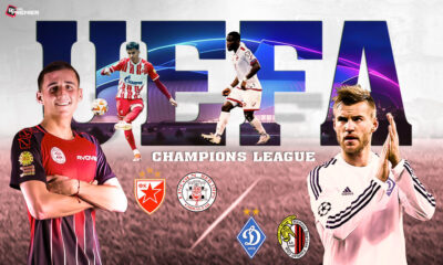 Poster showing key players from Crvena Zvezda vs. Lincoln Red Imps and Dynamo Kyiv vs. Hamrun Spartans in Champions League 2025