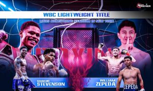 Poster featuring boxers Shakur Stevenson and William Zepeda for the upcoming WBC lightweight championship match.