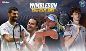 Wimbledon 2025 poster featuring Jannik Sinner, Novak Djokovic, Aryna Sabalenka, and Amanda Anisimova aiming to enter finals.