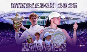 Wimbledon 2025 poster showing Iga Swiatek and Jannik Sinner celebrating their success.