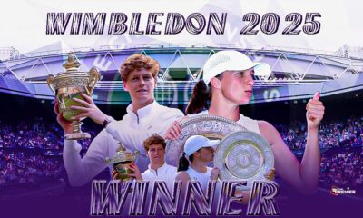 Wimbledon 2025 poster showing Iga Swiatek and Jannik Sinner celebrating their success.