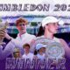 Wimbledon 2025 poster showing Iga Swiatek and Jannik Sinner celebrating their success.