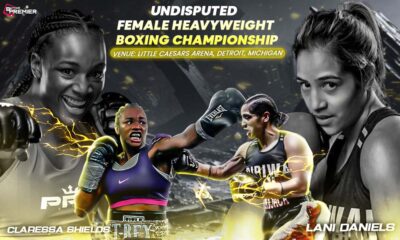 Poster showing Claressa Shields and Lani Daniels facing off for the undisputed heavyweight boxing championship.