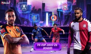 This poster for FA Cup 2025-26 First Qualifying Round features fixtures like Aveley vs Hashtag United, Fairford Town vs Sholing, and more.