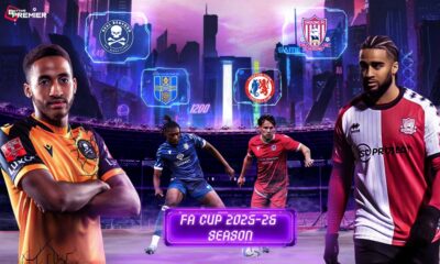 This poster for FA Cup 2025-26 First Qualifying Round features fixtures like Aveley vs Hashtag United, Fairford Town vs Sholing, and more.