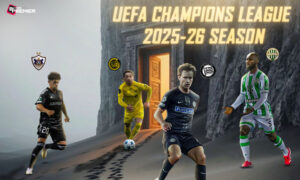 This poster depicts teams and players on the occasion of the upcoming UEFA Champions League 2025 Playoff Leg 2.