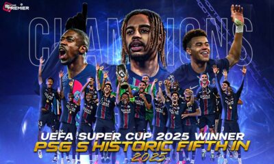 This poster determines that Paris Saint-Germain earned the French club's fifth victory title this year in the UEFA Super Cup 2025.