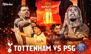 This poster determines the football world's pivotal title match, the UEFA Super Cup final between the PSG and Tottenham teams.