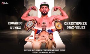 This poster depicts Eduardo 'Sugar' Nunez vs Christopher 'Pitufo' Diaz for the IBF super featherweight title on September 7, 2025.