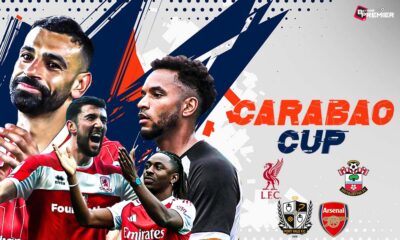 This poster depicts the Carabao Cup 2025-26 Third Round, featuring fixtures such as Liverpool vs. Southampton and Arsenal vs. Port Vale.