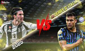 The image represents the Derby d'Italia, a historic clash between Juventus and Inter on September 13, 2025.