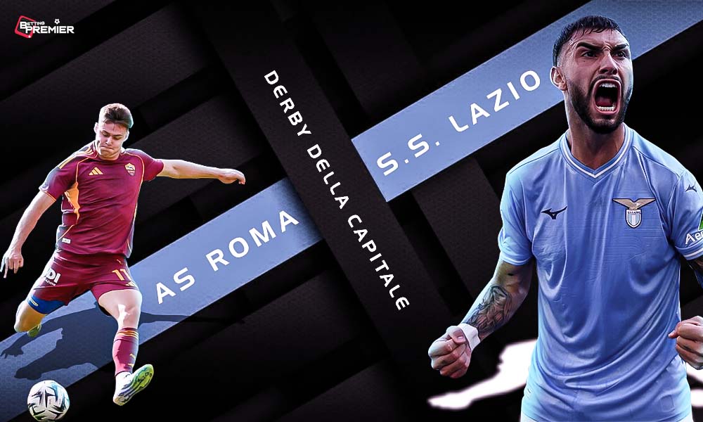 This poster shows the teams Roma and Lazio for the upcoming Roma vs Lazio match on the Derby della Capitale.