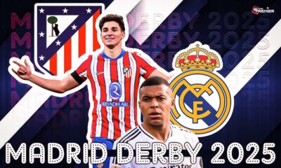 This poster shows the team Atlético de Madrid vs Real Madrid CF for the Madrid derby.