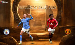 Manchester Derby 2025 poster showing Manchester United and Manchester City players.