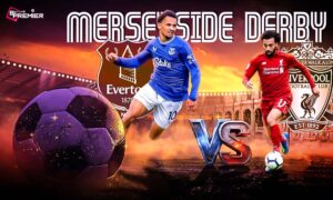 This image shows English football teams Liverpool and Everton for the upcoming Merseyside Derby