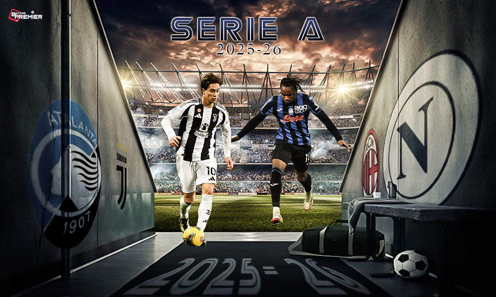 This poster denotes that the Serie A 2025-26 season will be played between Juventus vs. Atlanta and Milan vs. Napoli, with nail-biting moments being created.