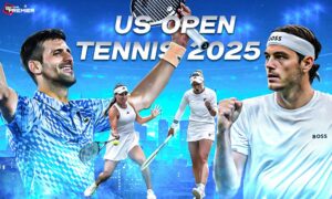 This poster shows Jessica Pegula vs Barbora Krejčíková alongside Novak Djokovic vs Taylor Fritz for the upcoming US Open 2025 quarterfinals