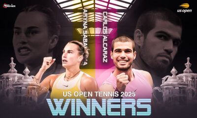 This poster depicts the US Open Tennis 2025 champions, Carlos Alcaraz and Aryna Sabalenka, celebrating their victories.