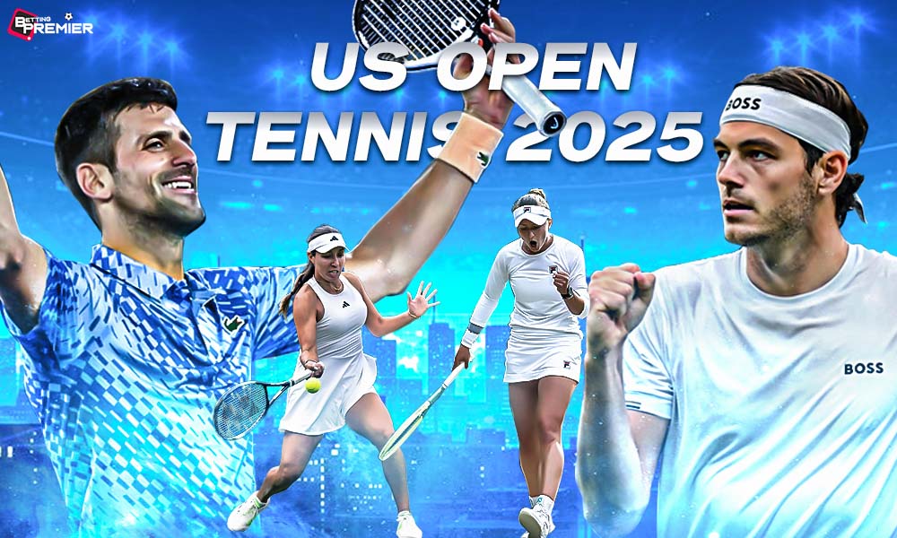 This poster shows Jessica Pegula vs Barbora Krejčíková alongside Novak Djokovic vs Taylor Fritz for the upcoming US Open 2025 quarterfinals
