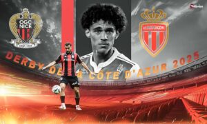 This poster shows the team AS Monaco and the OGC Nice for the Derby de la Côte d'Azur 2025