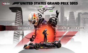 This poster represents the upcoming Formula One United States Grand Prix 2025, with the youngest star driver playing on their motorsport world.