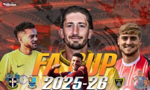 This poster emphasizes that the football world of the FA Cup 2025-26 season will be elite, with two clubs competing in head-to-head competition.