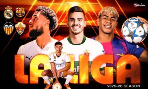 This poster shows players representing the upcoming La Liga 2025-26 Matchday 11 event.