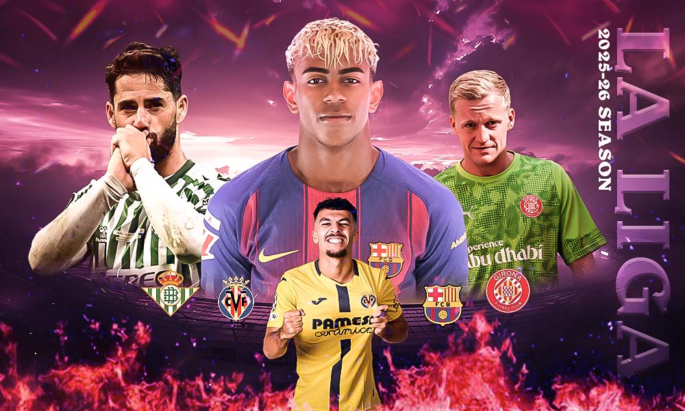 image shows the key players of Barcelona vs Girona and Villarreal vs Real Betis