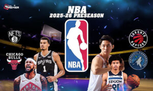This poster shows players from NBA teams that represent the upcoming NBA preseason matches.