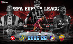 This poster shows teams/players representing the upcoming UEFA Europa League clash.