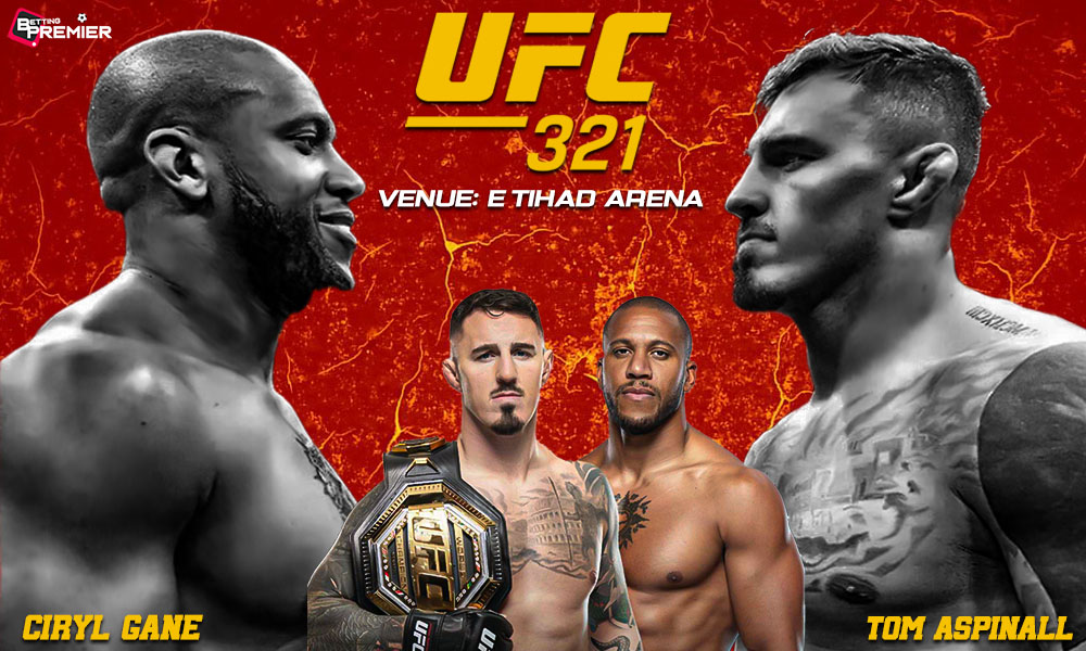 This poster shows fighters representing the upcoming Tom Aspinall vs Ciryl Gane - UFC 321 matchup.