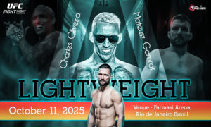 The image emphasizes that an elite UFC Fight Night world-competing match between Charles Oliveira and Mateusz Gamrot will view in the octagon.